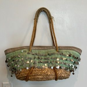 Boho BEACH BAG natural straw with silver round discs.